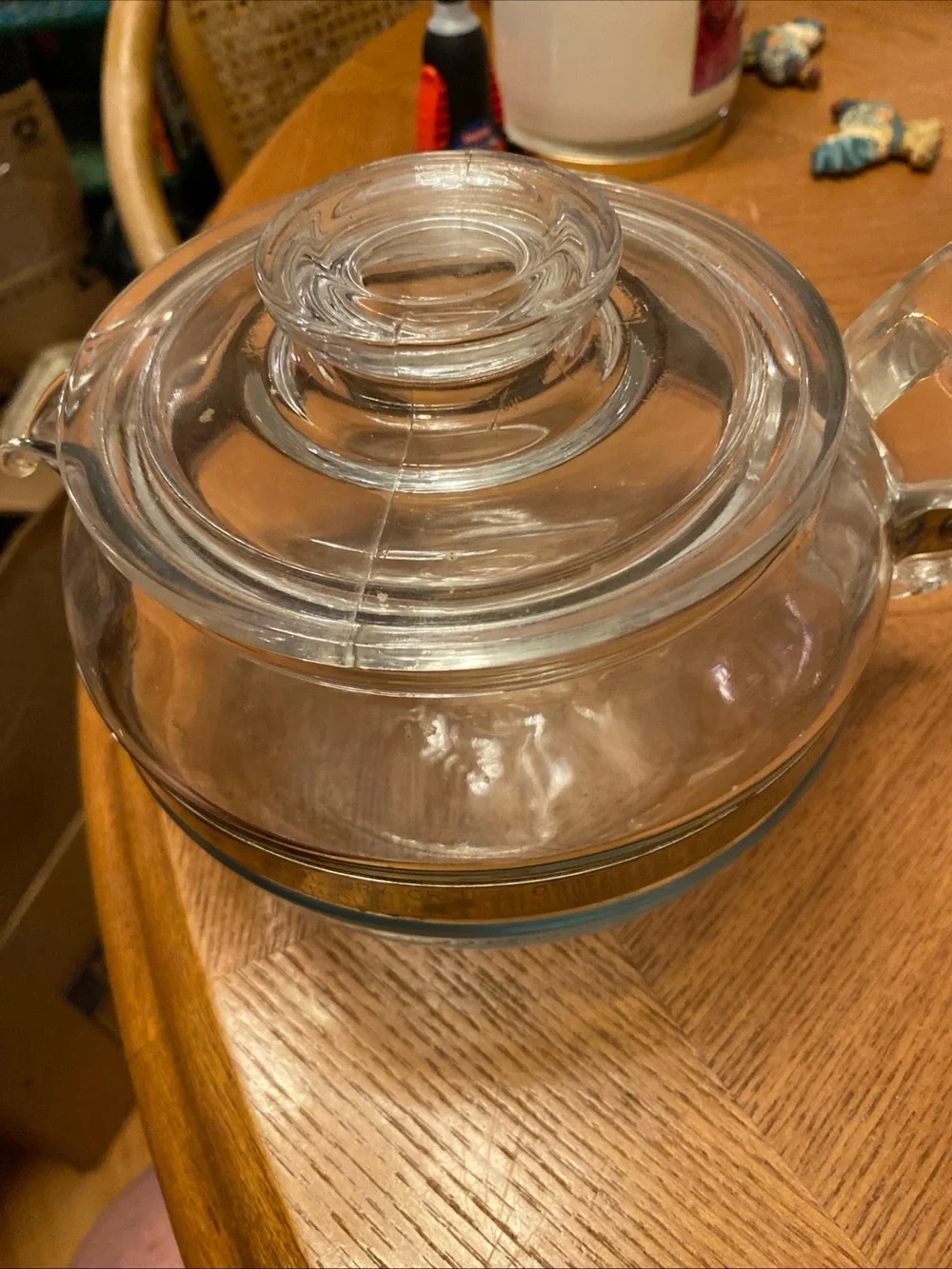 Clear Glass Teapot with Silver Band - Classic Home Kitchen. Vintage.